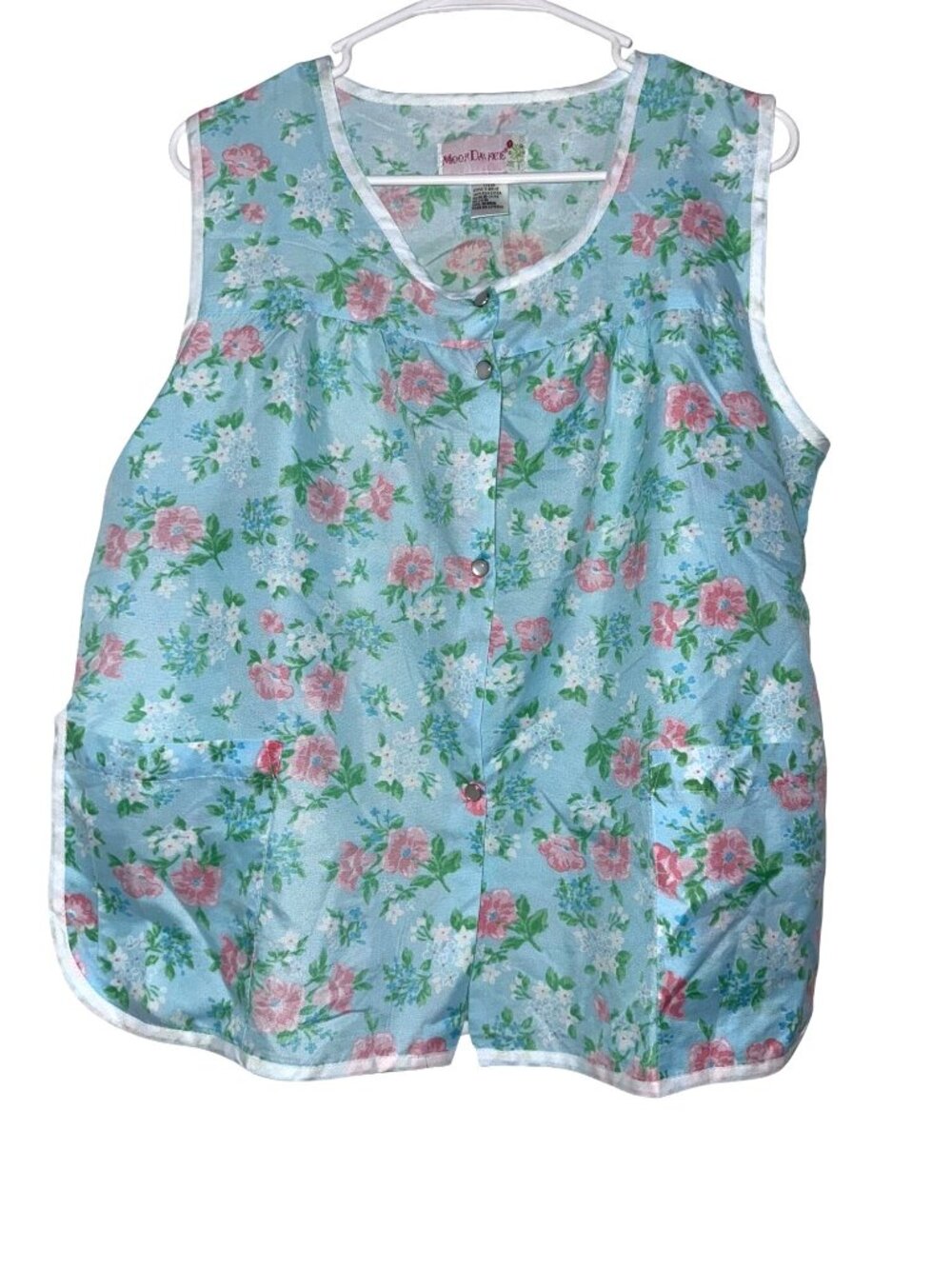 Floral Blue Sleeveless Womens Apron-Style Top With Pockets By MoonDance